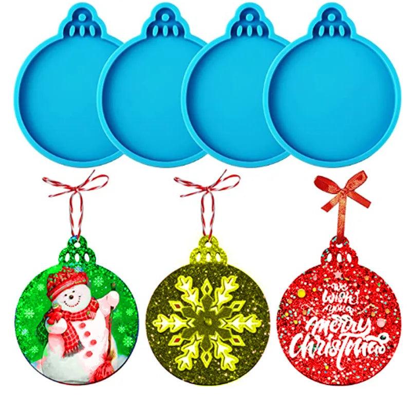 4Pc Round Keychain Pendant Silicone Mold Xmas Tree Hanging Casting Tool