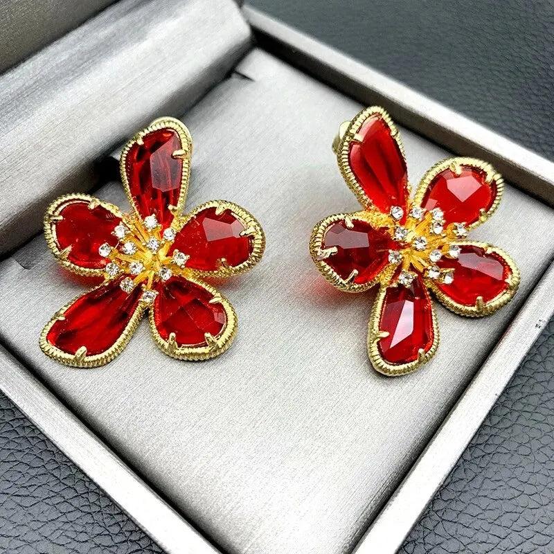 Crystal Flower Earrings Women Personality Needle Edge Transparent Pink Red Purpl