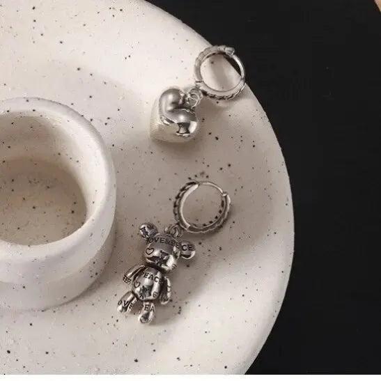 S925 Silver Heart Bear Earrings Women Retro Creative Ear Stud