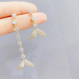 Fish Tail Needle Earrings Zircon Inlay Non-symmetrical