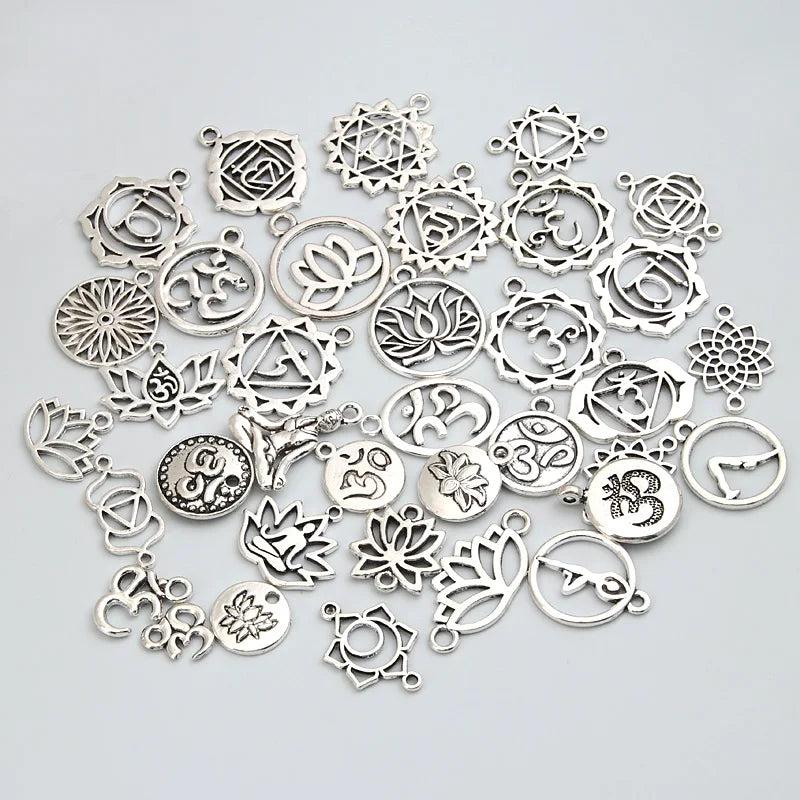 30pcs Silver OM/OHM/3D Sign Charms Yoga Lotus Pendant Mix for DIY Jewelry Making