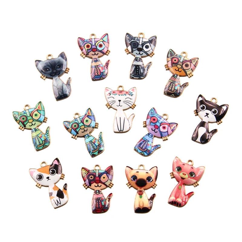 10Pcs Mix Alloy Metal Drop Printing Cat Charm Pendant For DIY Jewelry Making