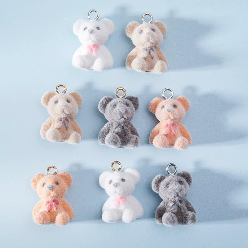8pcs Flocking Bears Charms Pendant Colorful Khaki Animal Charms DIY Jewelry