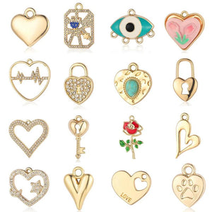 5Pcs/Lot Rhinestone Flower Heart Lock Key Charms for Jewelry Making