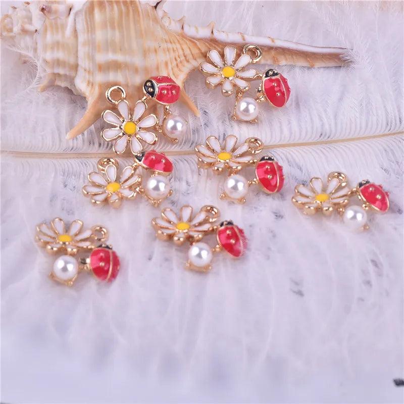 10pcs Flower Ladybug Enamel Metal Charms DIY Jewelry Making