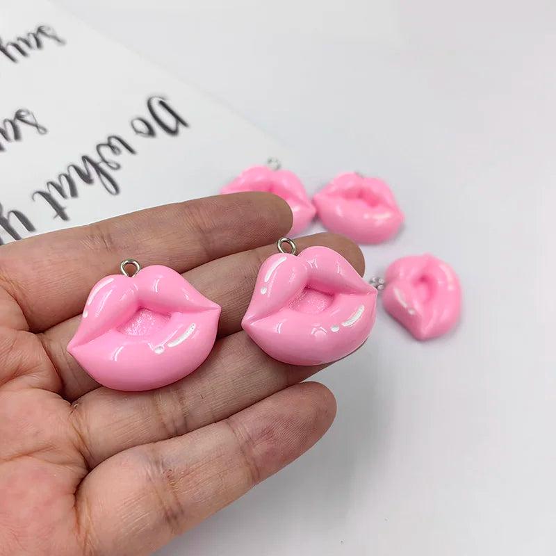 10pcs Glossy Sexy Pink Lips Charms for DIY Jewelry Making