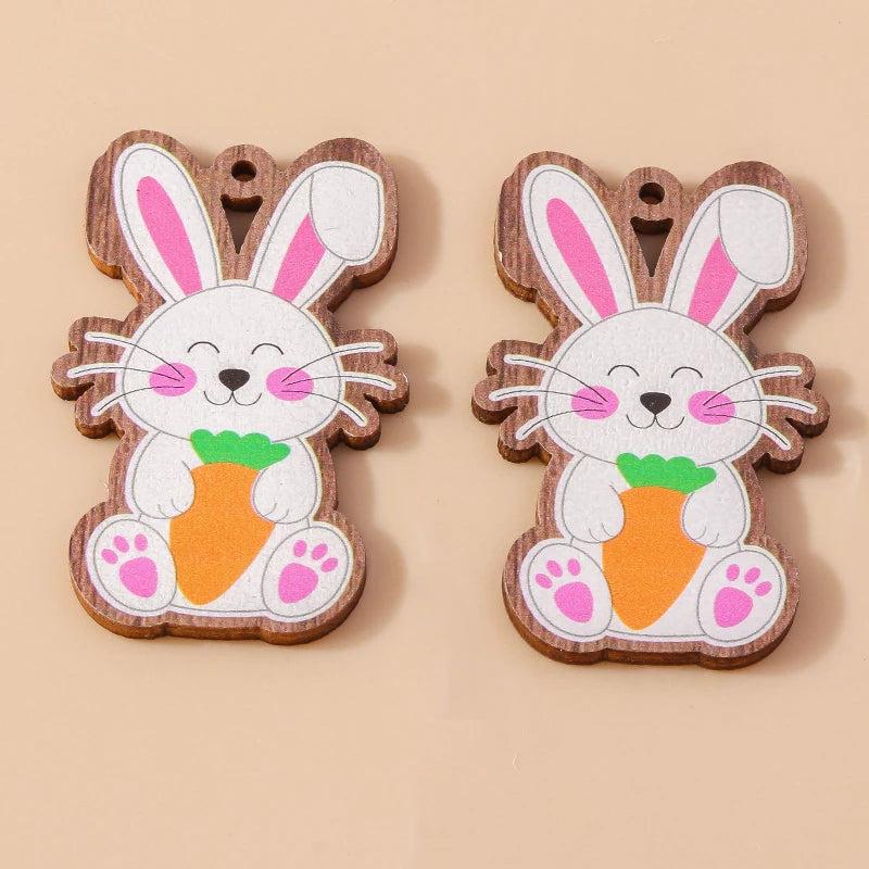 10pcs Wooden Rabbit Easter Egg Charms for Jewelry Making DIY Necklaces Earrings