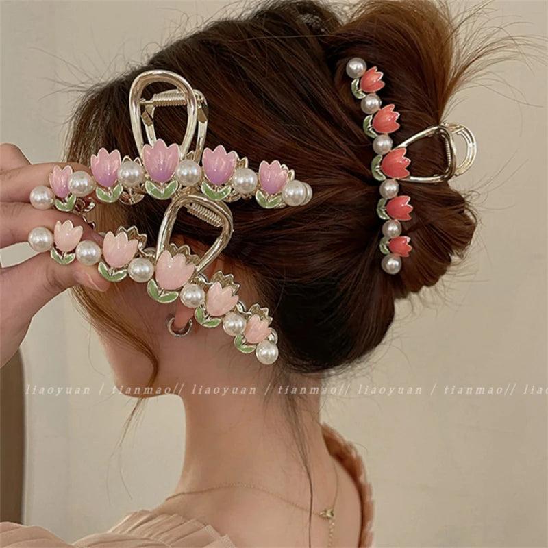 Retro Tulip Pearl Ponytail Hair Clip Crab Claw Women's Headdress Summer