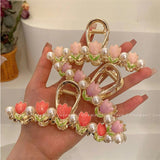 Retro Tulip Pearl Ponytail Hair Clip Crab Claw Women's Headdress Summer