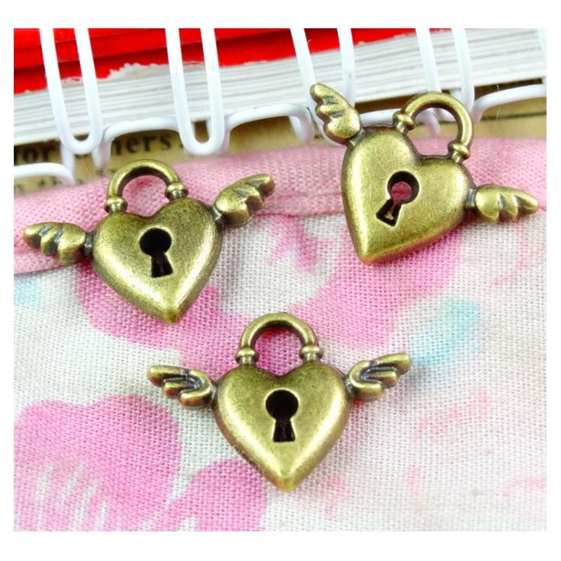 60pcs Antique Bronze Plated Lock With Wings Charms Pendants Diy Accessories