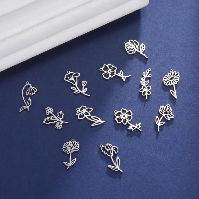 12pcs Birth Flower Charm Stainless Steel Charms Jewelry Making