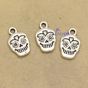 30pcs Antique Silver Plated Skull Head Flower Charms Halloween Pendants