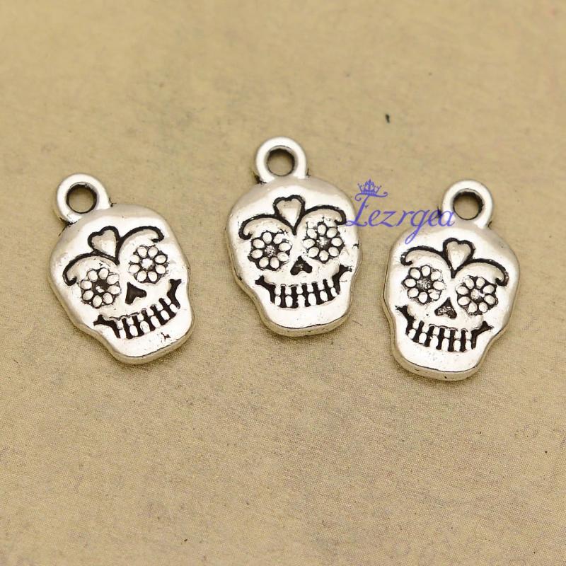 30pcs Antique Silver Plated Skull Head Flower Charms Halloween Pendants