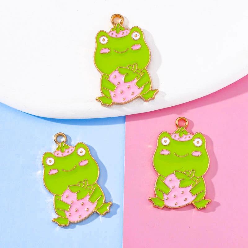 20Pcs Green Enamel Lotus Leaf Strawberry Frog Pendants DIY Handcraft Supplies