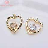 6PCS 12x11MM 24K Plated Brass Zircon Heart Pendants Charms DIY Jewelry Findings