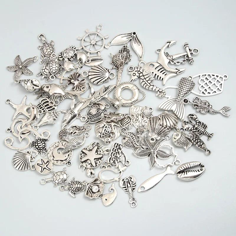 30pcs Silver Nautical Wave Shell Starfish Charms Marine Animal Pendant