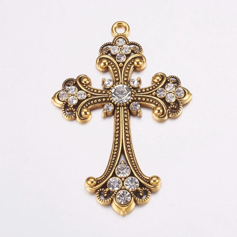 Vintage Alloy Cross Pendants Rhinestone Faith Charms for DIY Jewelry Making