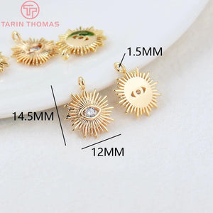 4PCS 12MM Hole 1.5MM Eye Charm Pendants 24K Brass Zircon DIY Jewelry