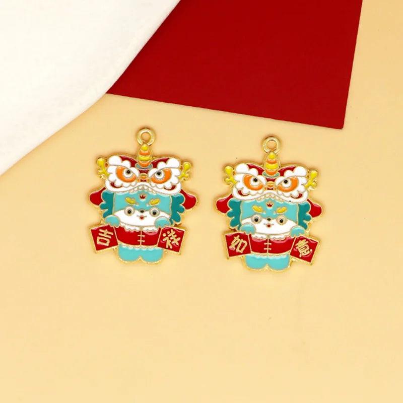 10pcs Chinese Enamel Dragon Lion Dance Charms for Jewelry Making