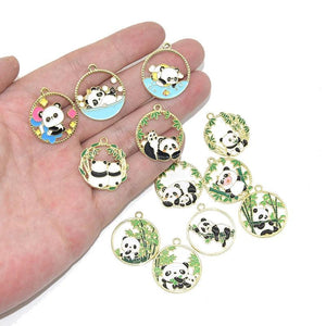 10pcs Golden Panda Charms Alloy Enamel Round Pendants DIY Jewelry Making