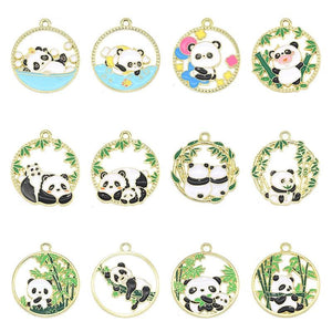 10pcs Golden Panda Charms Alloy Enamel Round Pendants DIY Jewelry Making
