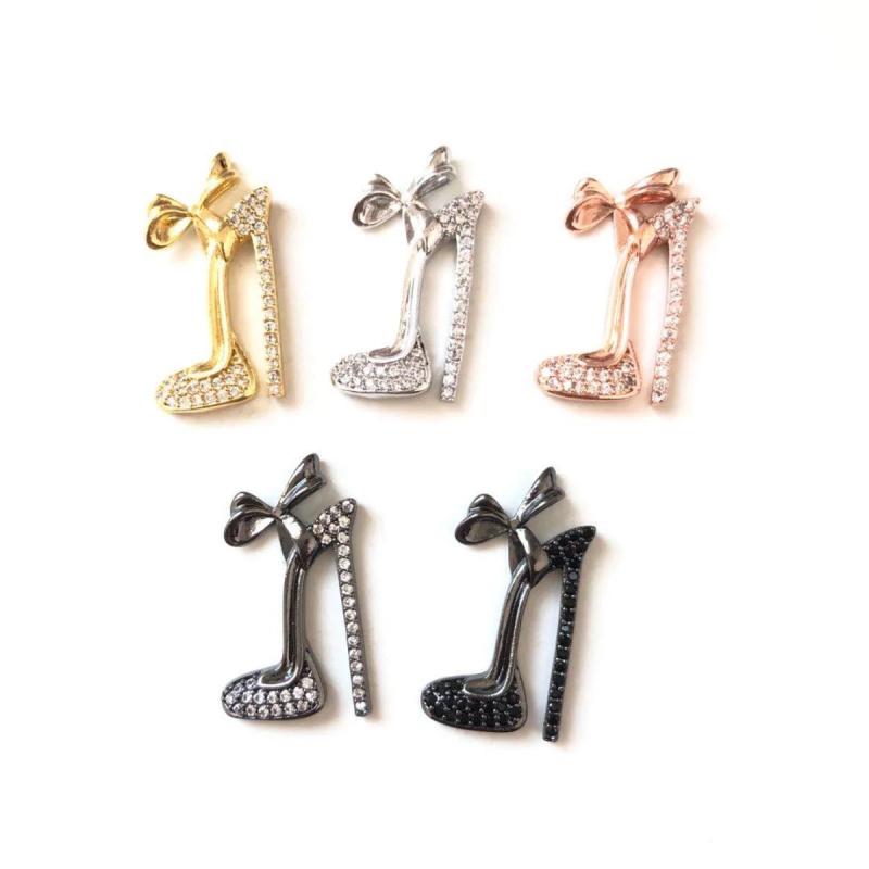 5pcs Bow Tie High Heel Shoes Charms Zirconia Pave Pendant