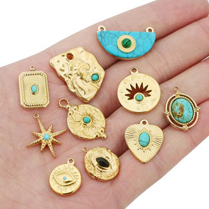 5pcs Turquoise Stone Pendants Stainless Steel Eyes Necklaces Charms DIY Jewelry
