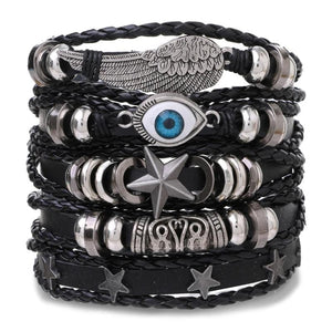 DAXI Punk Multilayer Leather Bracelet Set Eye Wings Star Charms Bracelets