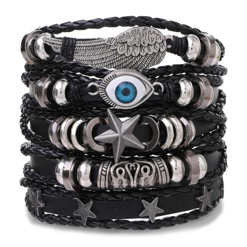 DAXI Punk Multilayer Leather Bracelet Set Eye Wings Star Charms Bracelets
