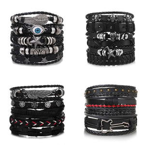 DAXI Punk Multilayer Leather Bracelet Set Eye Wings Star Charms Bracelets