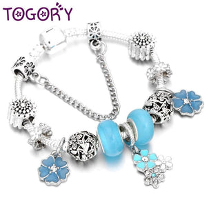 European Style Silver Crystal Flower Charm Bracelets Snake Chain DIY Bracelet
