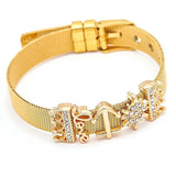 Crystal Crown & Star & Love Beads Charm Stainless Steel Mesh Bracelet