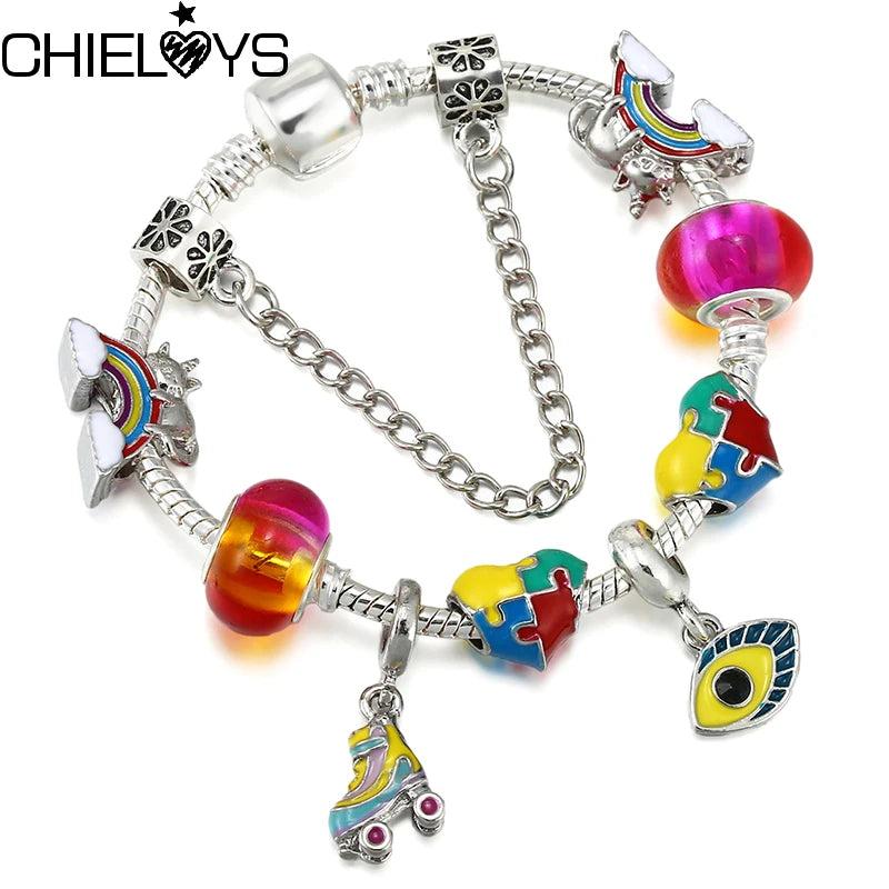 Colorful Puzzle Heart-shaped DIY Pendant Rainbow Beads Charm Bracelet
