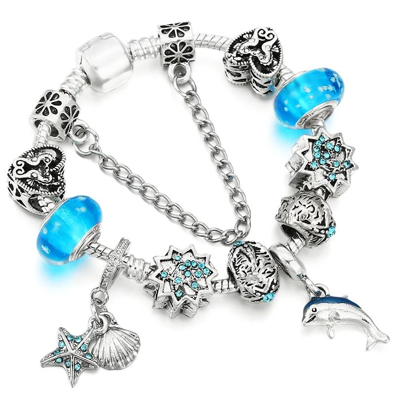 Crystal Starfish Beads Bracelet & Dolphin Pendant Snake Chain Charm Bracelet