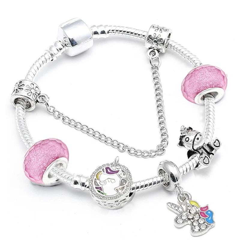 Unicorn Beads Charm Bracelet Silver Bangle Gift
