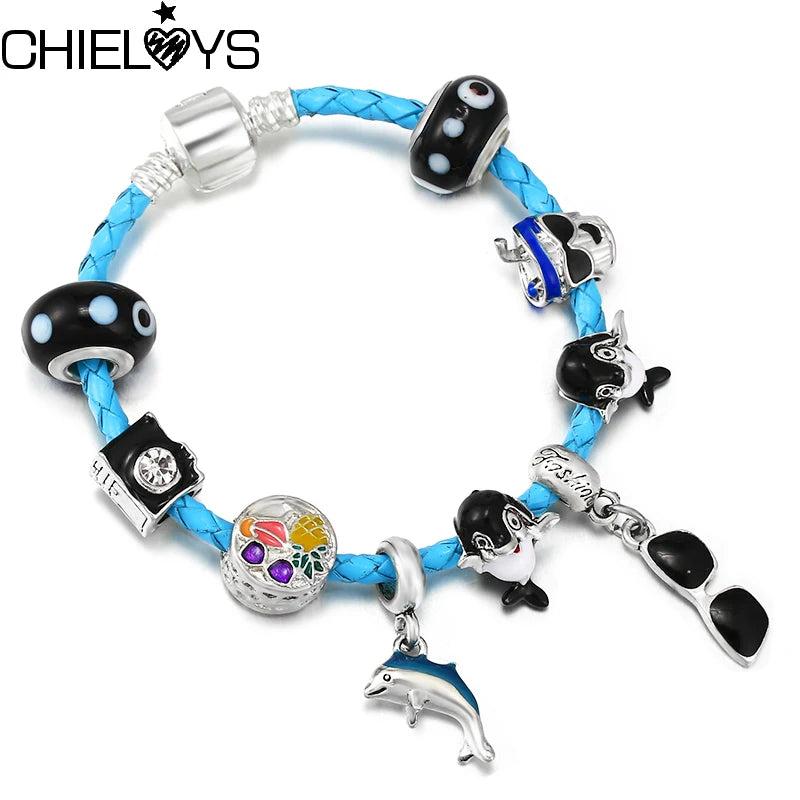 Leather Chain Charm Bracelets With Summer Style Dolphin Beads Bracelet