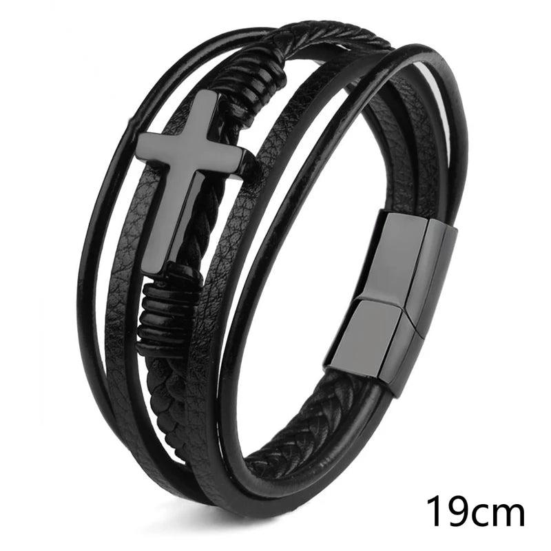 Men's Titanium Steel Cross Leather Bracelet - Magnet Buckle Charm Gift