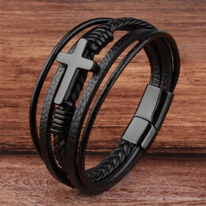 Men's Titanium Steel Cross Leather Bracelet - Magnet Buckle Charm Gift