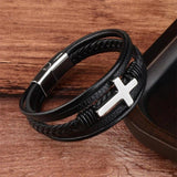 Men's Titanium Steel Cross Leather Bracelet - Magnet Buckle Charm Gift