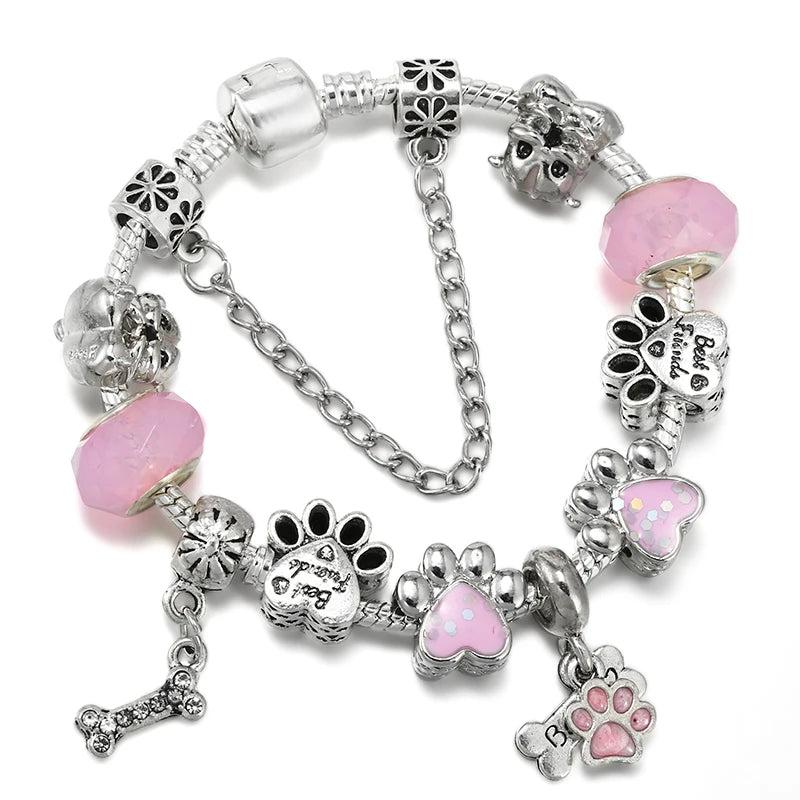 Pink Snake Chain Bracelet with Dog Paw Charms
