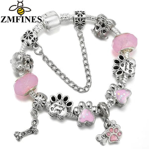 Pink Snake Chain Bracelet with Dog Paw Charms