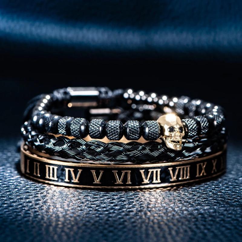 Skull Charm Bracelet Set Stainless Steel Men Enamel Roman Number Bangles