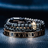 Skull Charm Bracelet Set Stainless Steel Men Enamel Roman Number Bangles