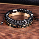 Skull Charm Bracelet Set Stainless Steel Men Enamel Roman Number Bangles