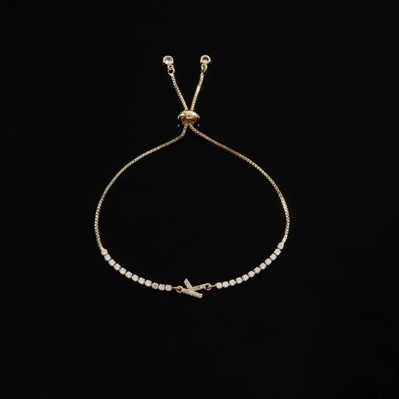 Pave Zirconia Letter Charm Women Bracelet A-Z Initials Adjustable Chain