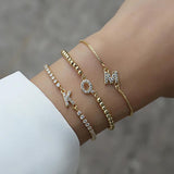 Pave Zirconia Letter Charm Women Bracelet A-Z Initials Adjustable Chain