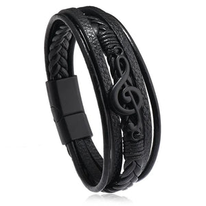 Vintage Men's Music Symbol Leather Layer Bracelet