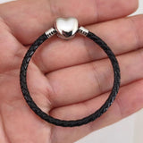 3mm Stainless Steel Heart Buckle Leather Bracelet for Pandora Charms