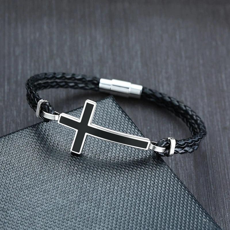 Men Sideways Cross Charm Braided Leather Bracelet