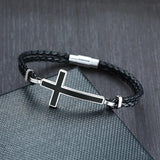 Men Sideways Cross Charm Braided Leather Bracelet